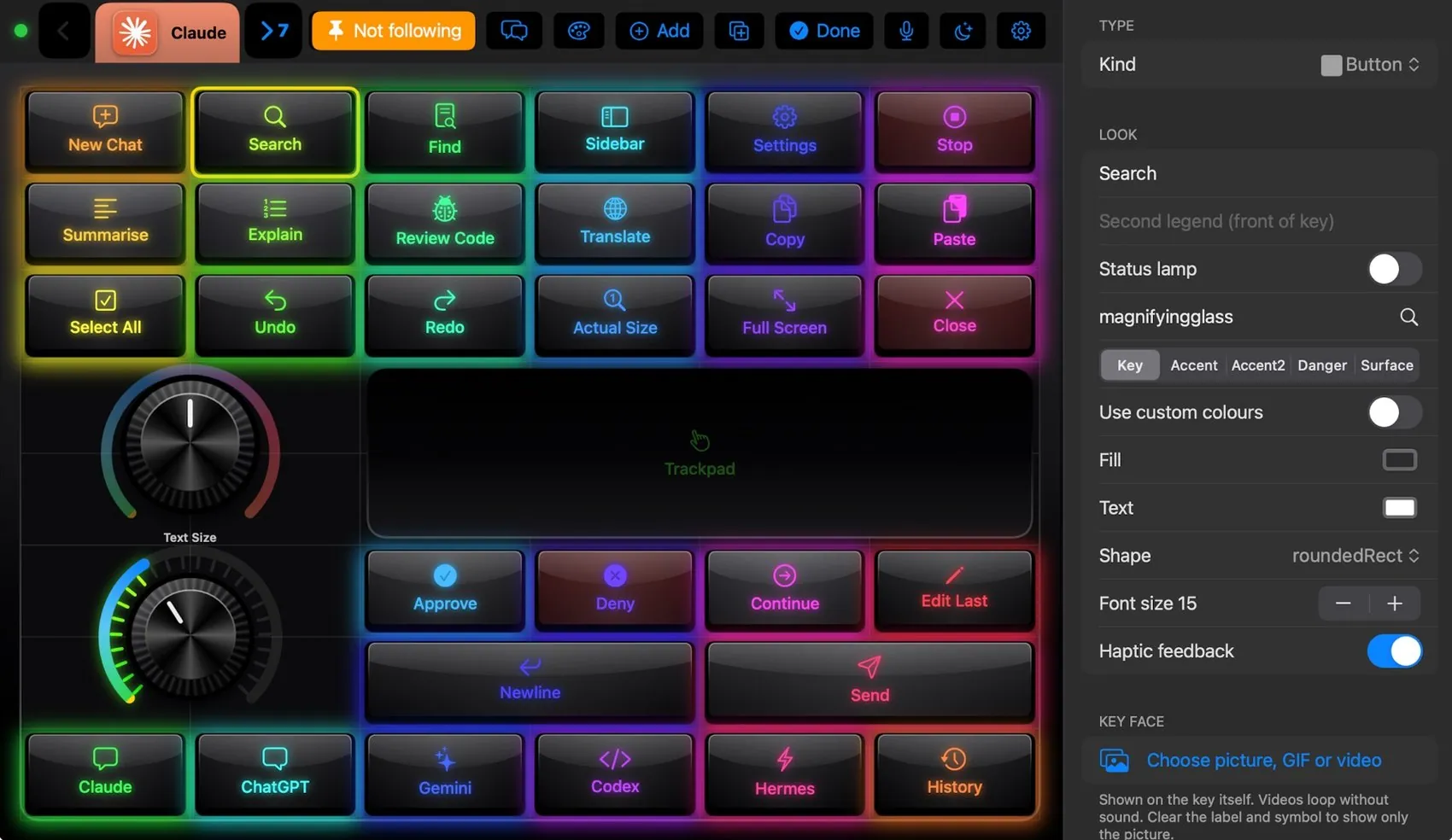 The real editor on the iPad: a key selected and its inspector open