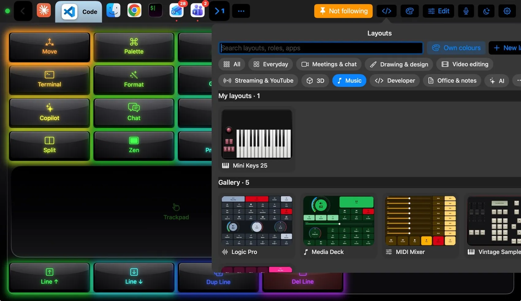 The layout picker filtered to Music