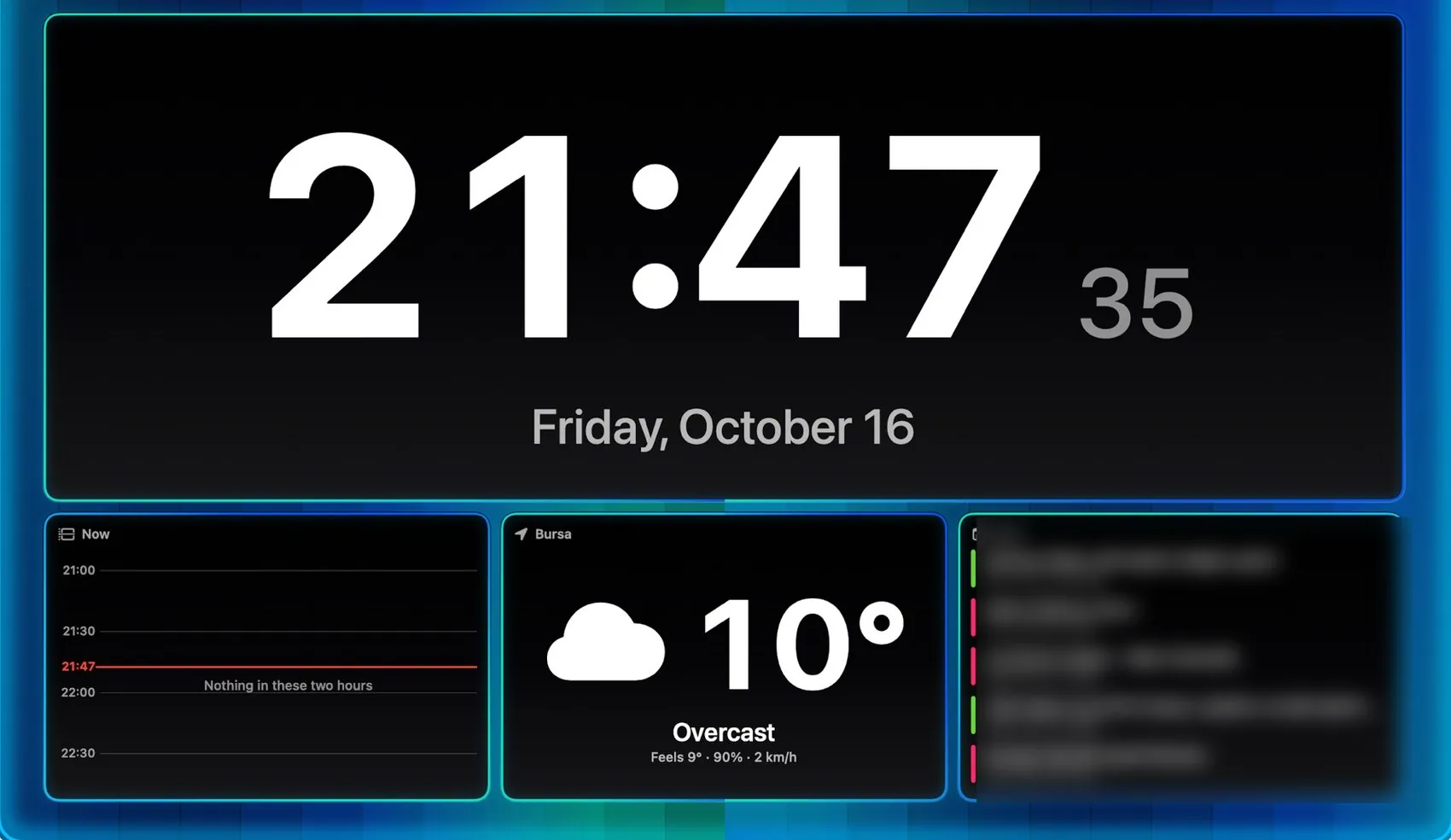 Screensaver: big clock, timeline, weather and next events