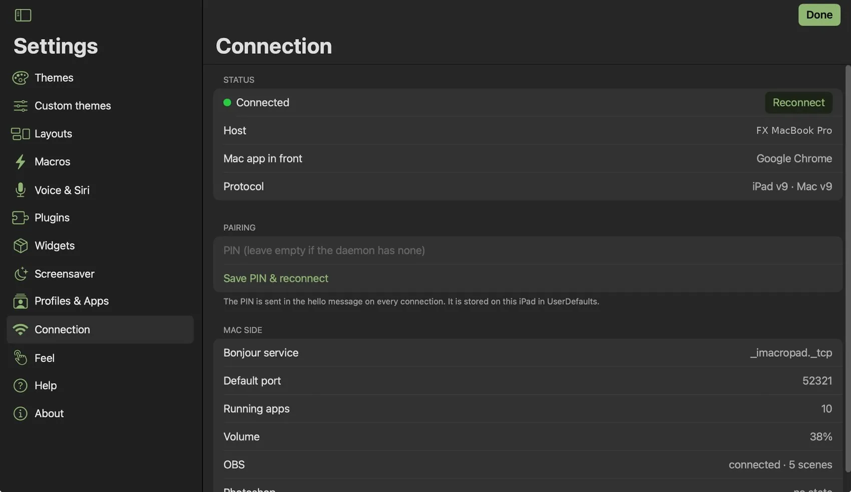Settings ▸ Connection: Connected, Host, Mac app in front, Protocol, PIN, Mac side