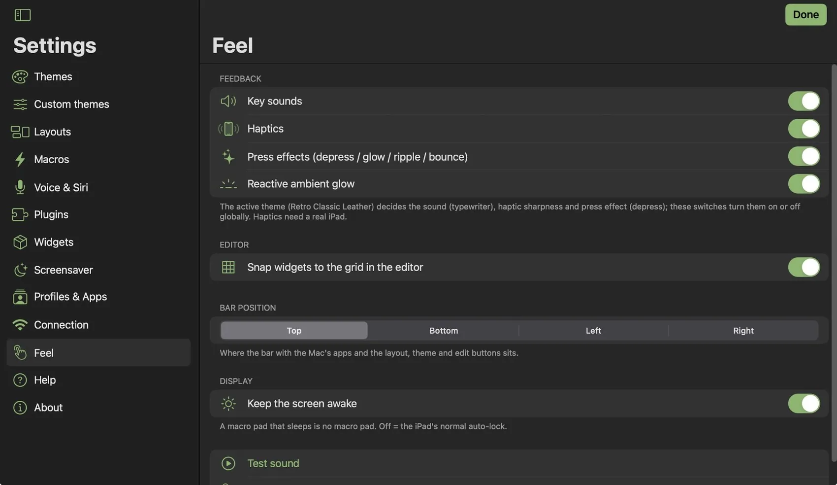 Settings ▸ Feel